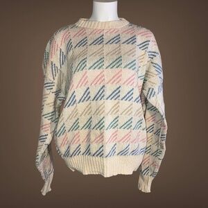 Vintage Peconic Bay Traders Cotton Sweater, Cream with Pink & Blue, Size Medium